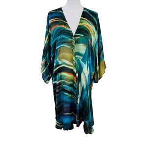 Johnny Was x Biya Silk Blend Oversize Button Up Shirt Tunic Dress Cover-up Size